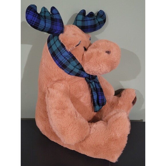 Holiday time 16" moose with plaid designed scarf, antlers, and feet soft toy - Picture 3 of 6